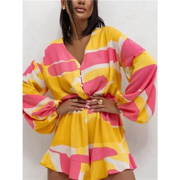 Floral V-Neck Long Sleeve Romper with Elastic Waist - Picture 6 of 8